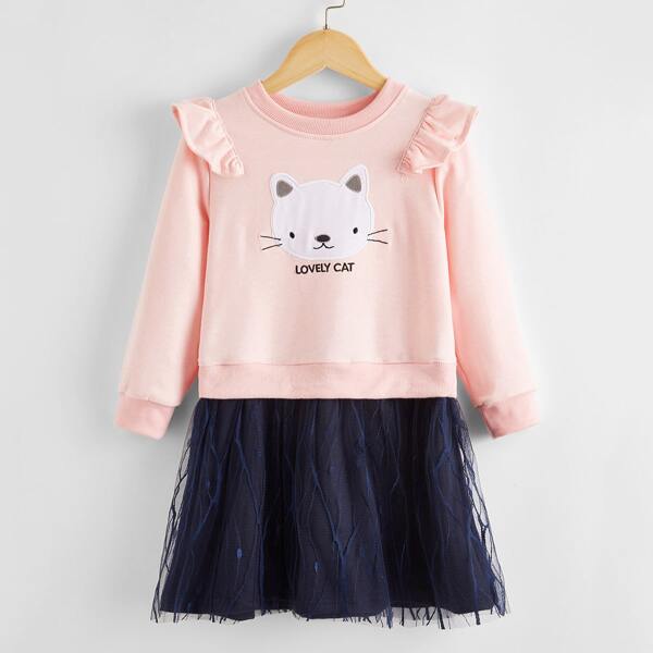 Toddler Girls Contrast Mesh Slogan Embroidery Patched Sweatshirt Dress, Baby pink
