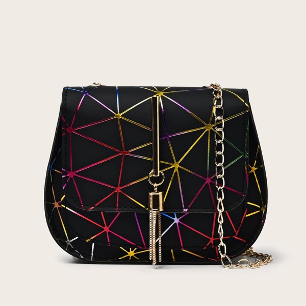 Metal Tassel Decor Geometric Chain Crossbody Bag, Black