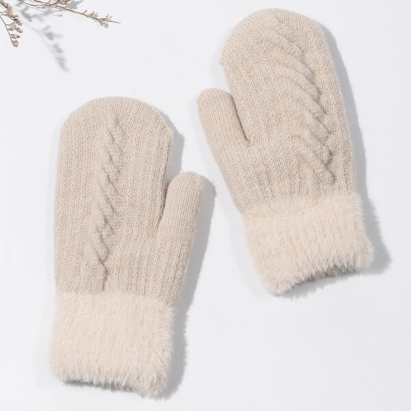 Fluffy Trim Gloves, Beige