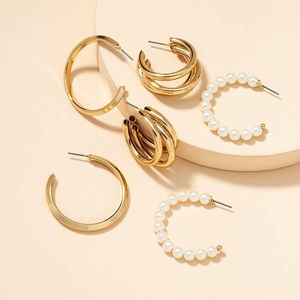 3pairs Faux Pearl Decor Hoop Earrings, Gold