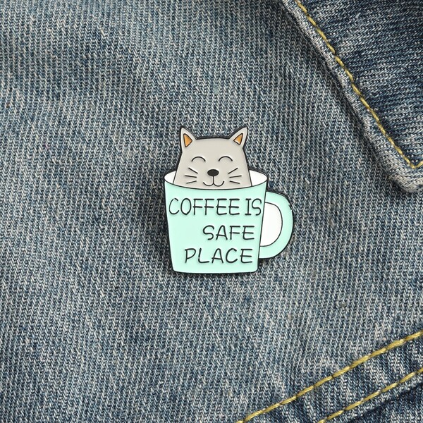Cartoon Cat & Coffee Cup Design Brooch, Multicolor