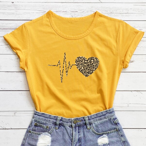 Heart And Cheetah Print Tee, Yellow