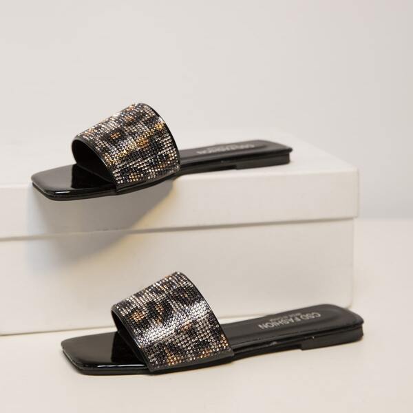 Rhinestone Decor Leopard Print Slide Sandals, Black