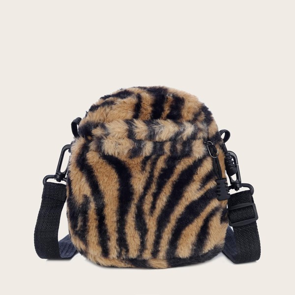 Tiger Print Fluffy Crossbody Bag, Brown