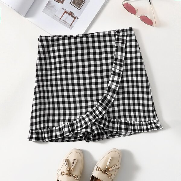 Ruffle Hem Gingham Skort, Black and white