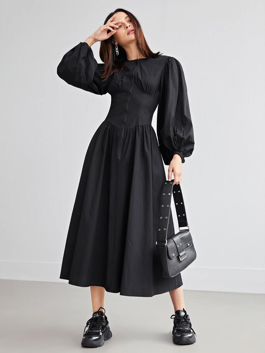 Mulvari Zip Front Lantern Sleeve Solid Dress