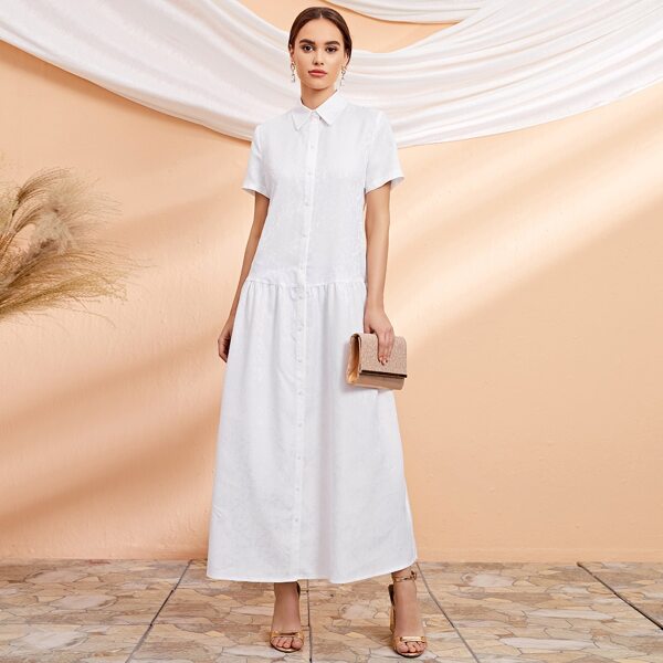 Solid Button Front Maxi Shirt Dress, White