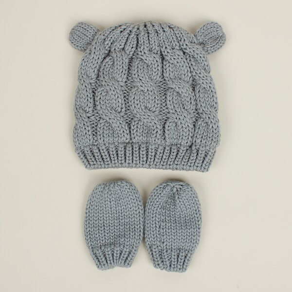 Baby Ear Decor Knit Beanie & Gloves, Light grey