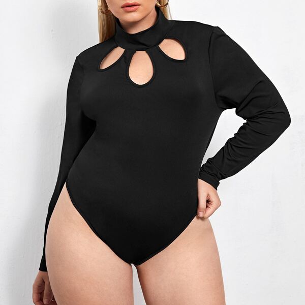 Plus Mock Neck Cut Out Bodysuit, Black