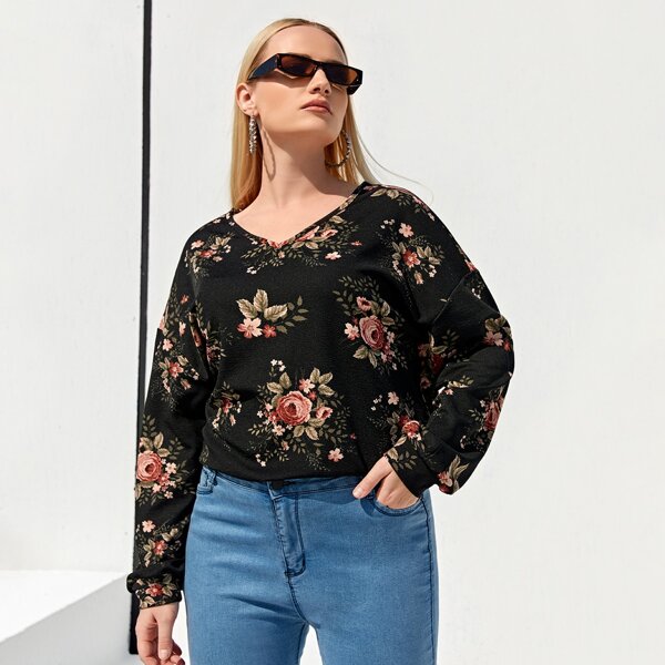 Plus V-Neck Floral Print Top, Black