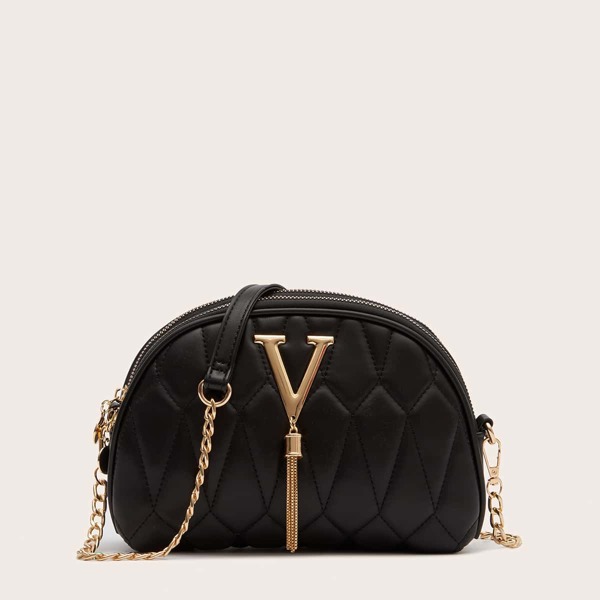 Metal Tassel Charm Quilted Dome Bag, Black