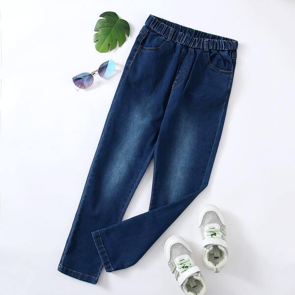Girls Pocket Detail Washed Jeans, Dark wash