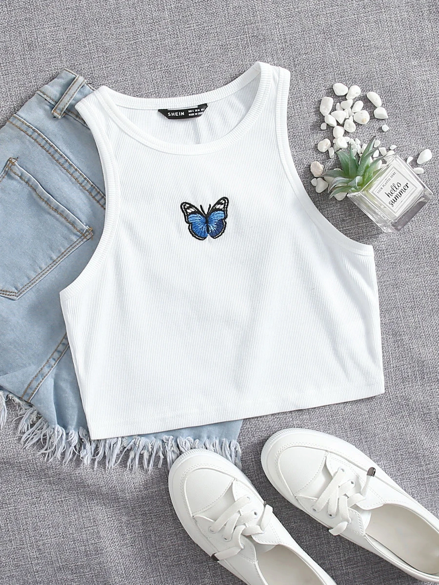 SHEIN EZwear Butterfly Embroidery Rib-knit Tank Top