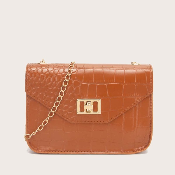 Croc Embossed Turn-lock Chain Bag, Brown