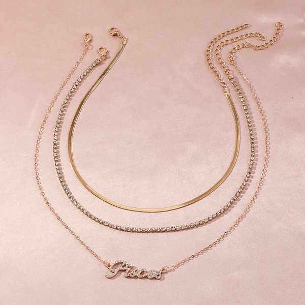 3pcs Rhinestone Letter Decor Necklace, Gold