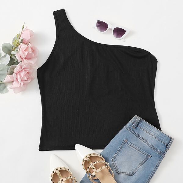 Plus Solid One Shoulder Top, Black