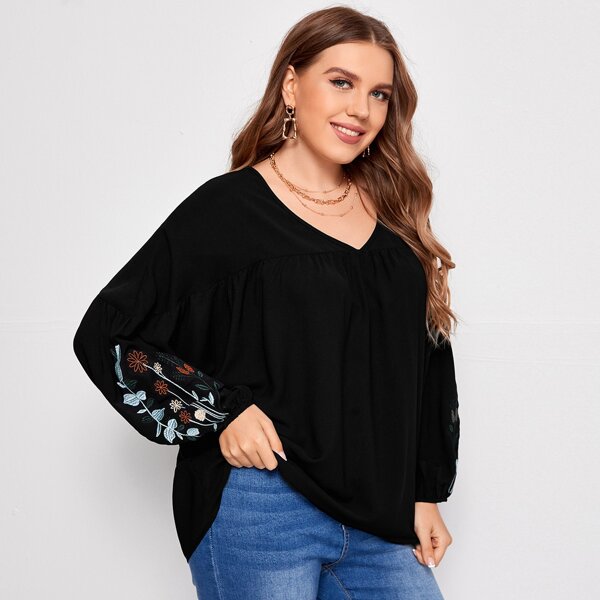 Plus Floral And Plants Embroidery Bishop Sleeve Blouse, Black