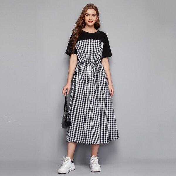 Drawstring Waist Gingham Dress, Black and white