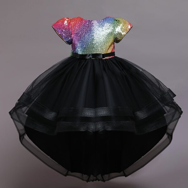 Girls Sequin And Mesh Panel Big Bow Gown Dress, Multicolor