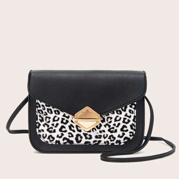 Metal Lock Leopard Pattern Square Bag, Black