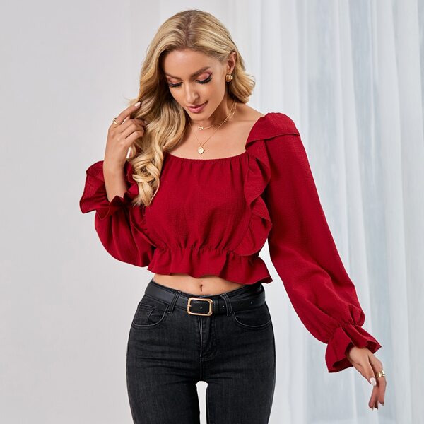 Flounce Sleeve Ruffle Hem Shirred Top, Burgundy