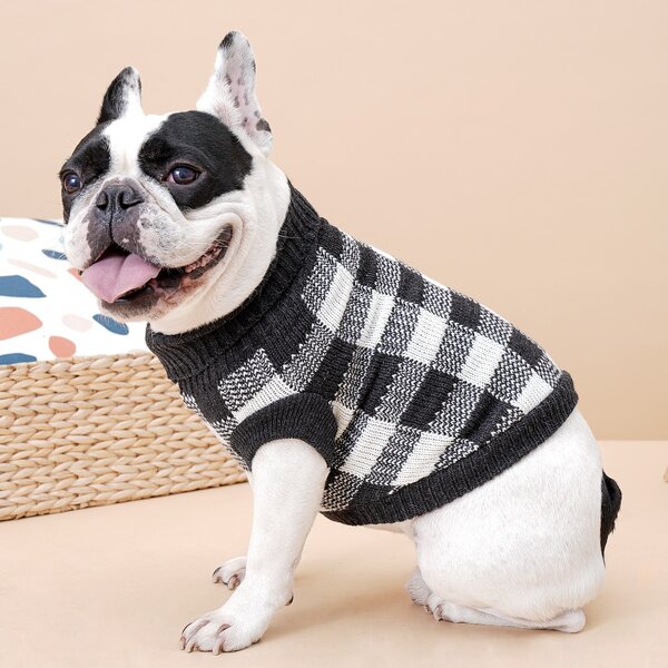 Plaid Knit Turtleneck Pet Sweater, Multicolor