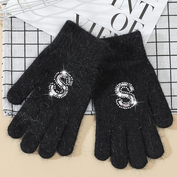 Rhinestone Decor Gloves, Black