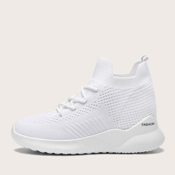 Lace Up Decor Knit Hidden Wedge Sneakers, White