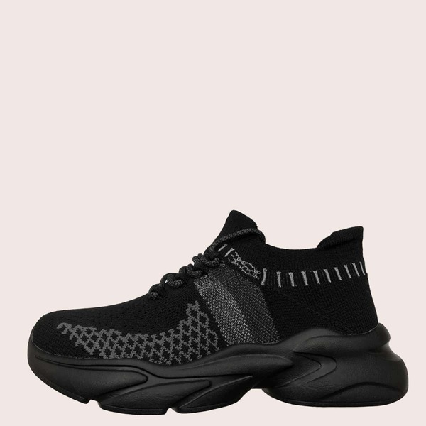 Men Lace Up Decor Wide Fit Knit Chunky Sneakers, Black