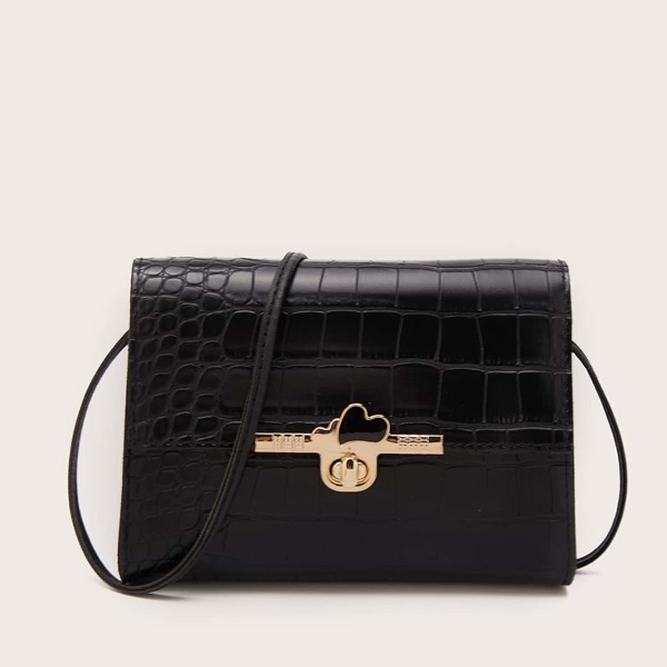 Turn-lock Croc Embossed Crossbody Bag, Black