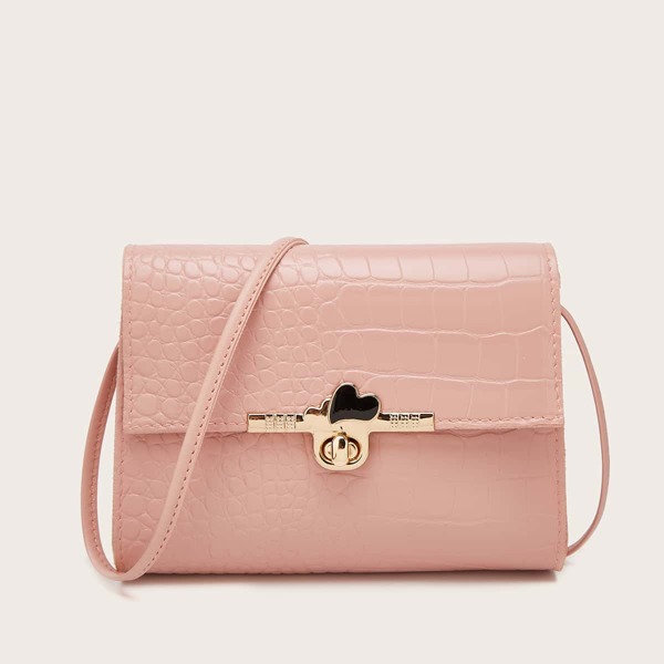 Turn-lock Croc Embossed Crossbody Bag, Pink
