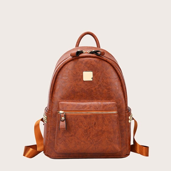 Pocket Front Curved Top Backpack, Brown