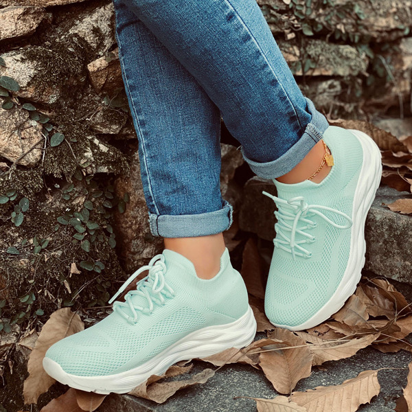 Lace Up Decor Knit Running Shoes, Mint blue