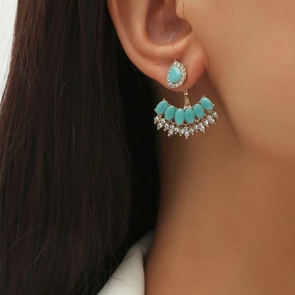 Rhinestone Decor Earring Jackets, Blue