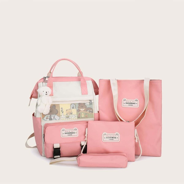 4pcs Girls Buckle Front Backpack Set, Pink