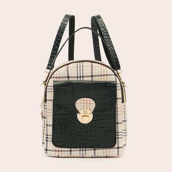 Push Lock Pocket Front Plaid Backpack, Black