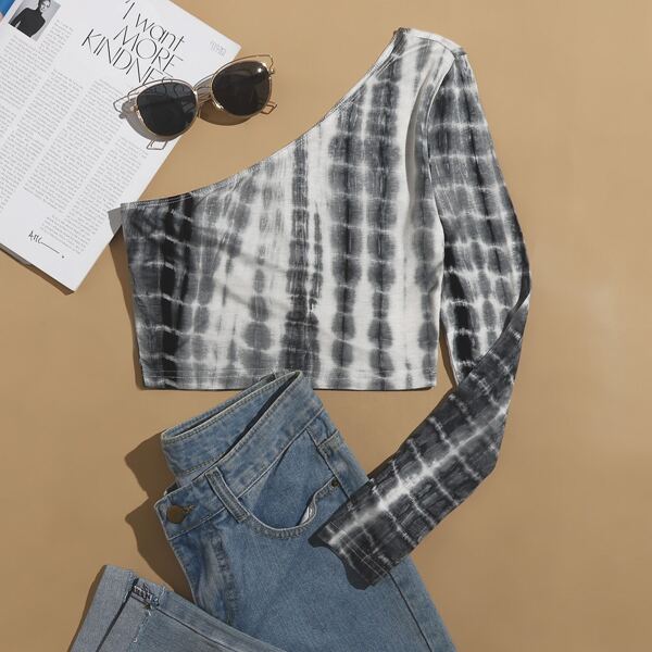 Tie Dye One Shoulder Crop Tee, Black and white