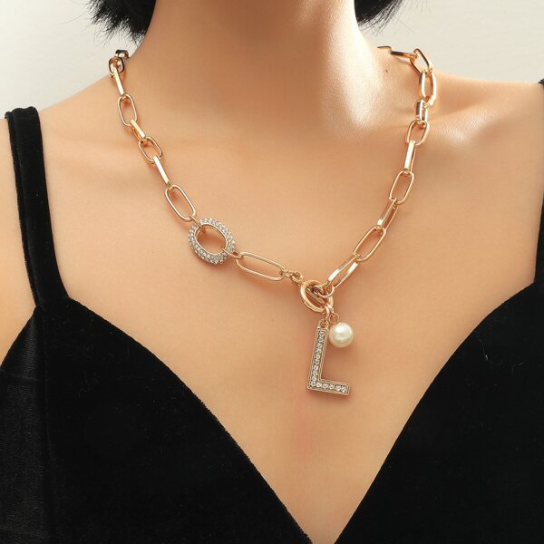 Rhinestone Letter Charm Necklace, Gold