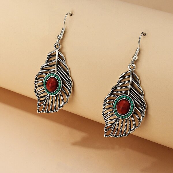 Hollow Leaf Design Drop Earrings, Silver