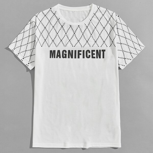 Men Letter And Argyle Pattern Tee, White