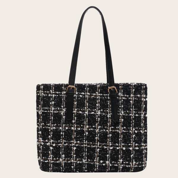 Plaid Pattern Tweed Tote Bag, Multicolor