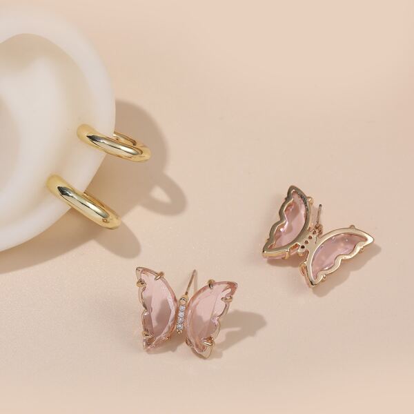 1pair Butterfly Design Earrings & 1pair Ear Cuff, Pink