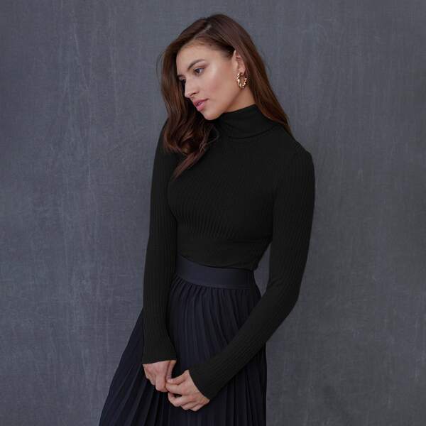 Turtle Neck Rib-knit Top, Black