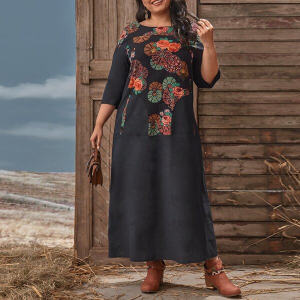 Plus Floral Print Tunic Dress, Navy blue