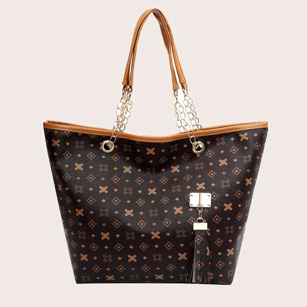 Tassel Decor Tote Bag, Coffee brown