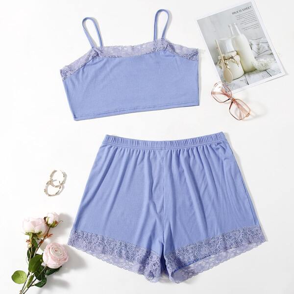 Plus Contrast Lace Pajama Set, Dusty blue