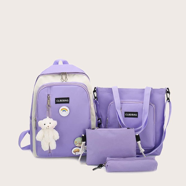 4pcs Girls Cartoon Charm Backpack Set, Purple