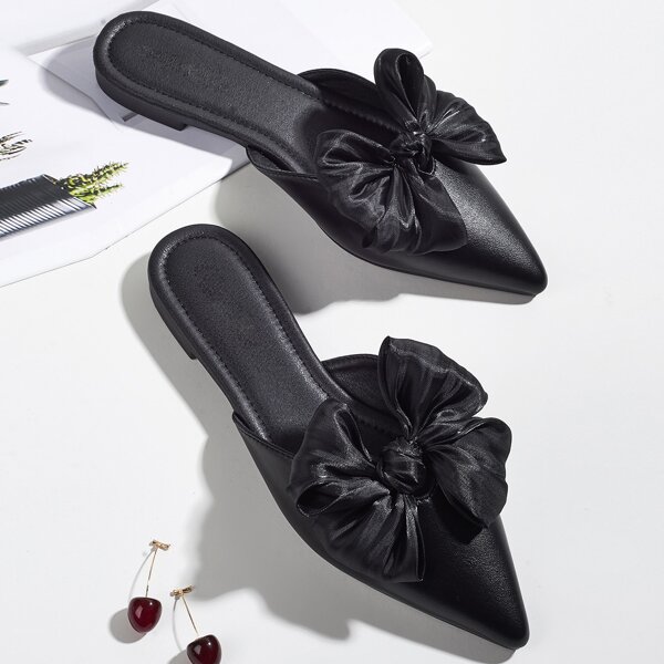Point Toe Bow Decor Flat Mules, Black