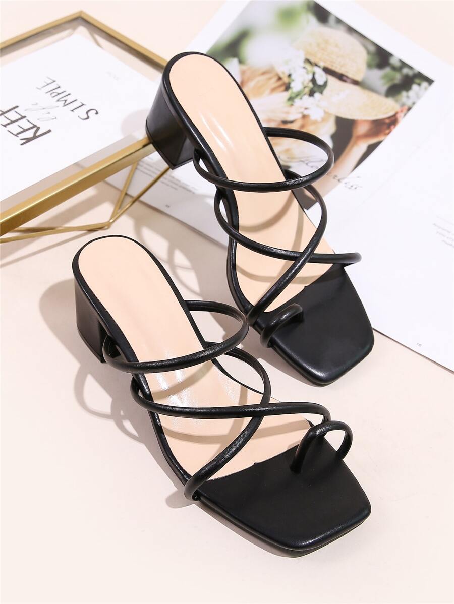 Toe Loop Cross Strap Chunky Heeled Mule Sandals