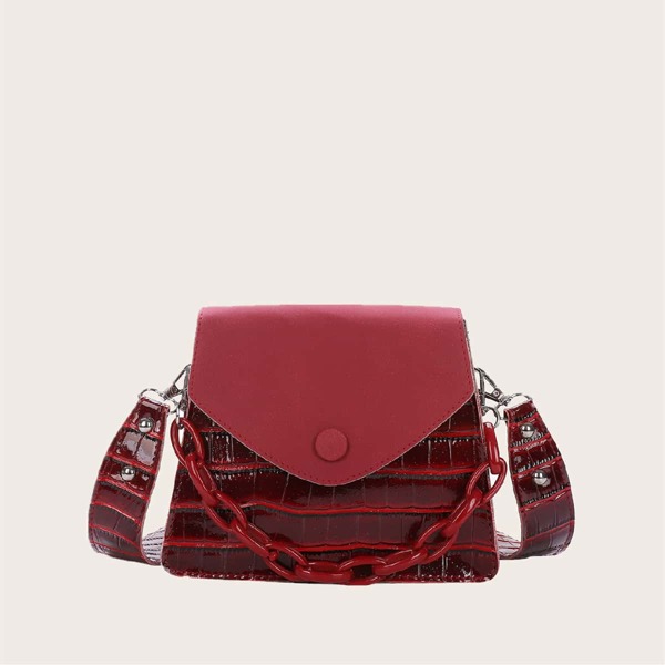 Croc Embossed Flap Chain Shoulder Bag, Red